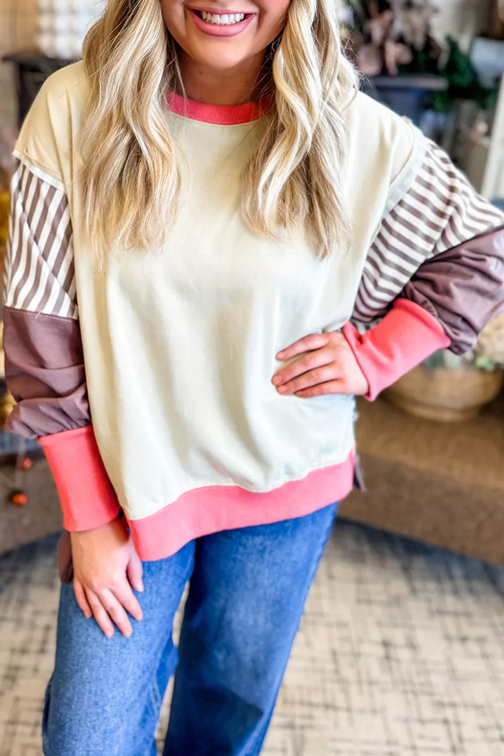 Color-Block Striped Crew Neck Sweatshirt, image 4