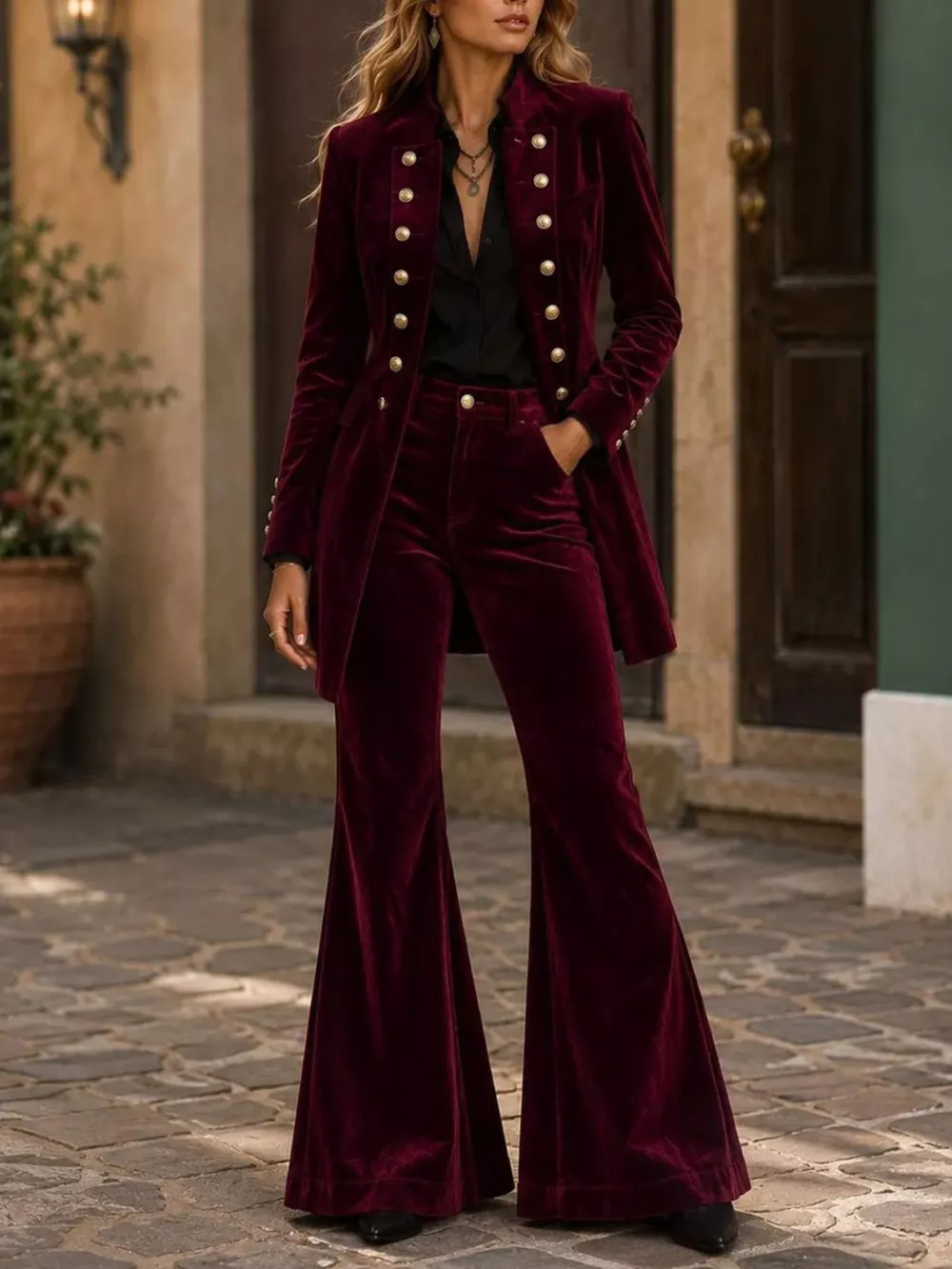 Velvet Double-Breasted Blazer and Flare Pants Set, image 5