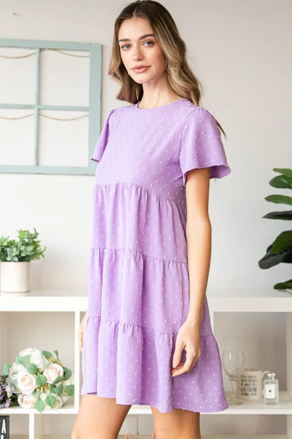 Full Size Swiss Dot Short Sleeve Tiered Dress, image 4