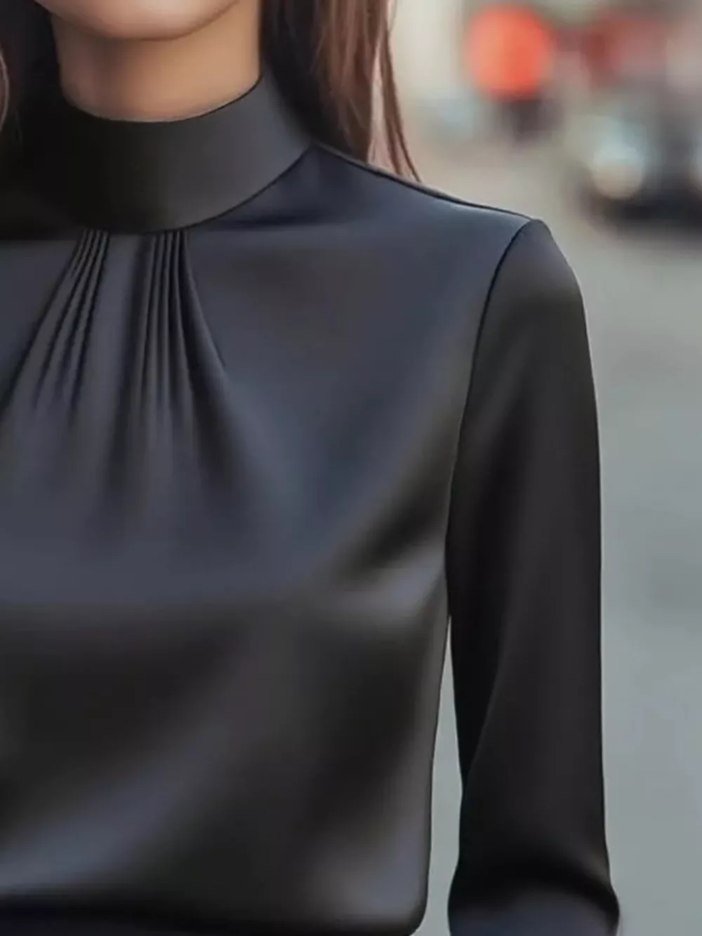 Mock Neck Long Sleeve Blouse with Pleated Detail, image 3