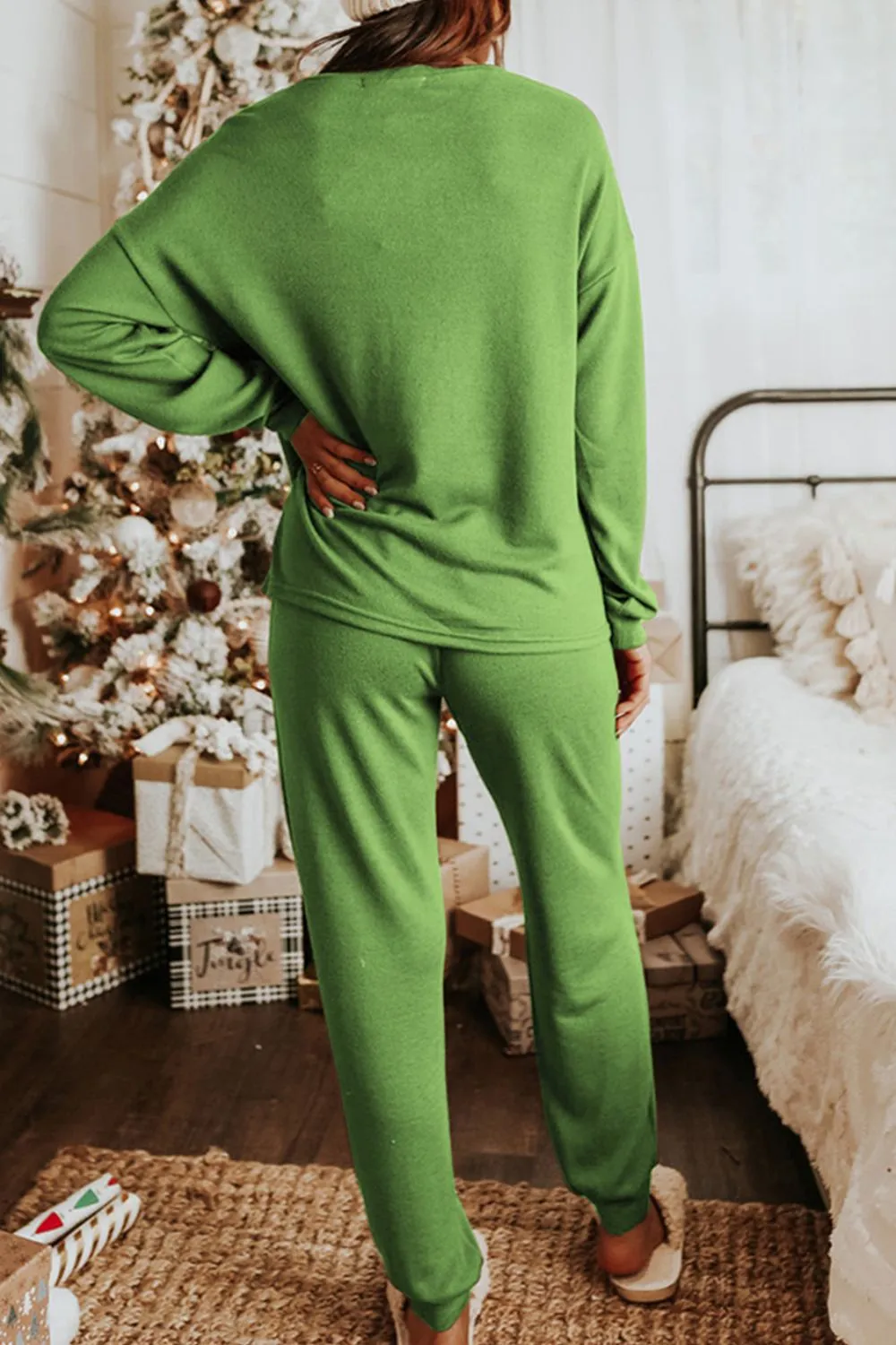 Sequin Socks Round Neck Long Sleeve Top and Pants Lounge Set, image 2