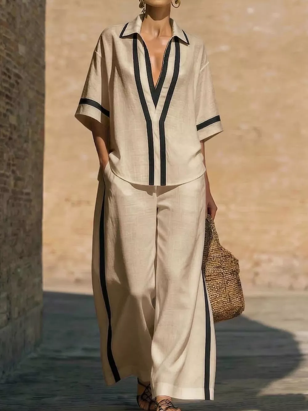 Full Size Contrast Trim Top and Pants Set Plus Size, image 6
