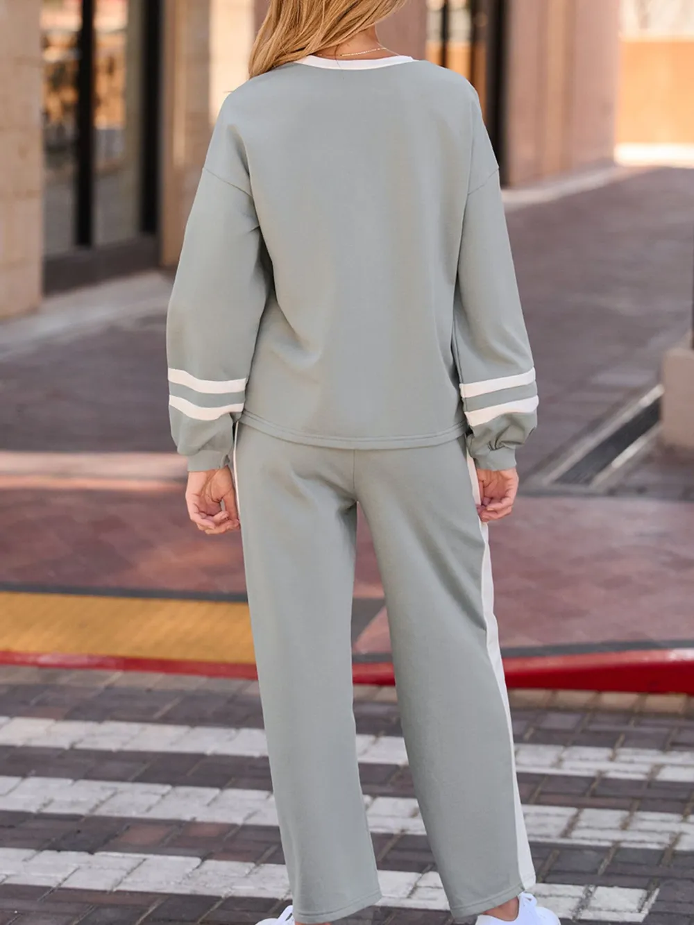 Contrast Trim Round Neck Top and Pants Set, image 3