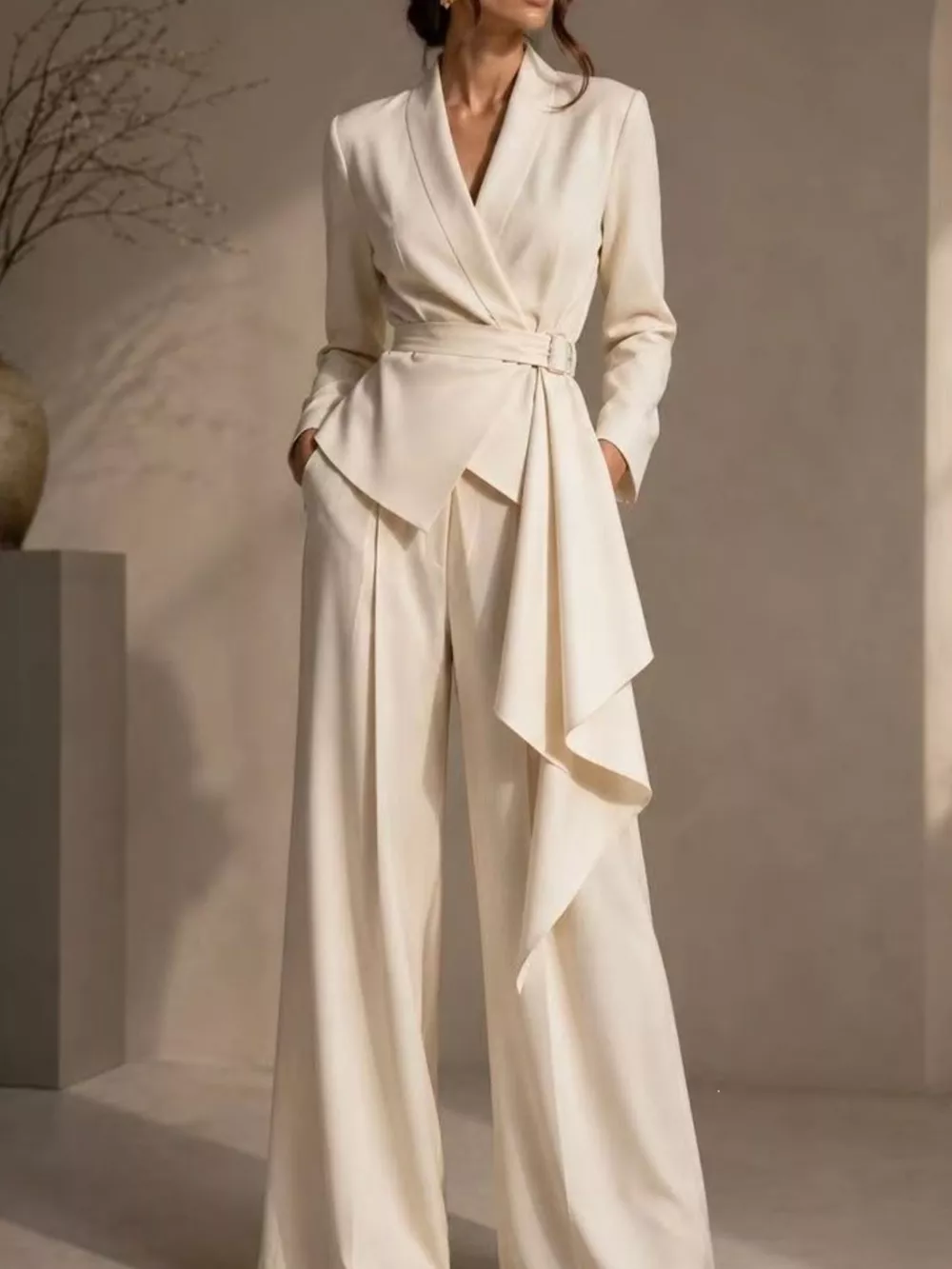 Full Size Belted Blazer and Wide-Leg Pants Set Plus Size
