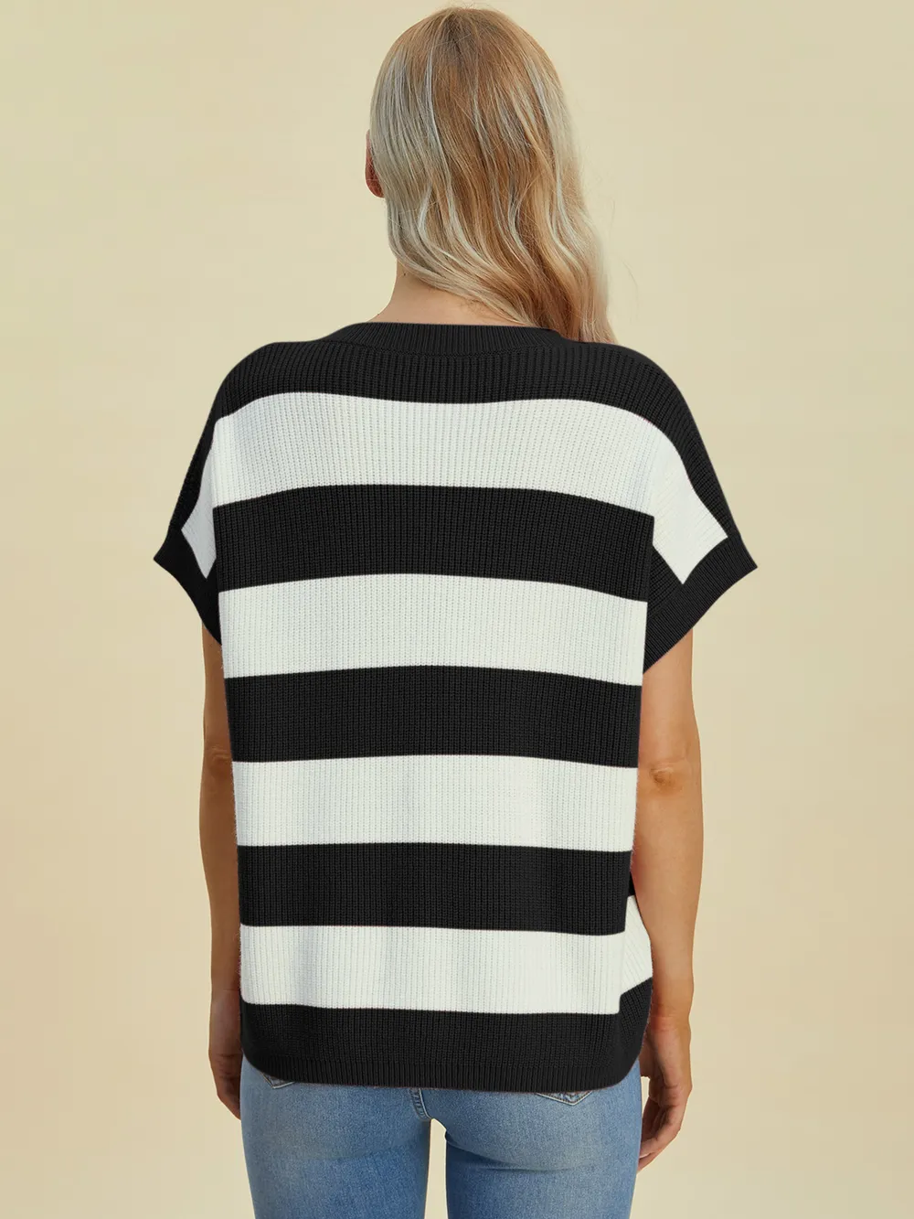 Full Size Striped V-Neck Short Sleeve Sweater, image 5