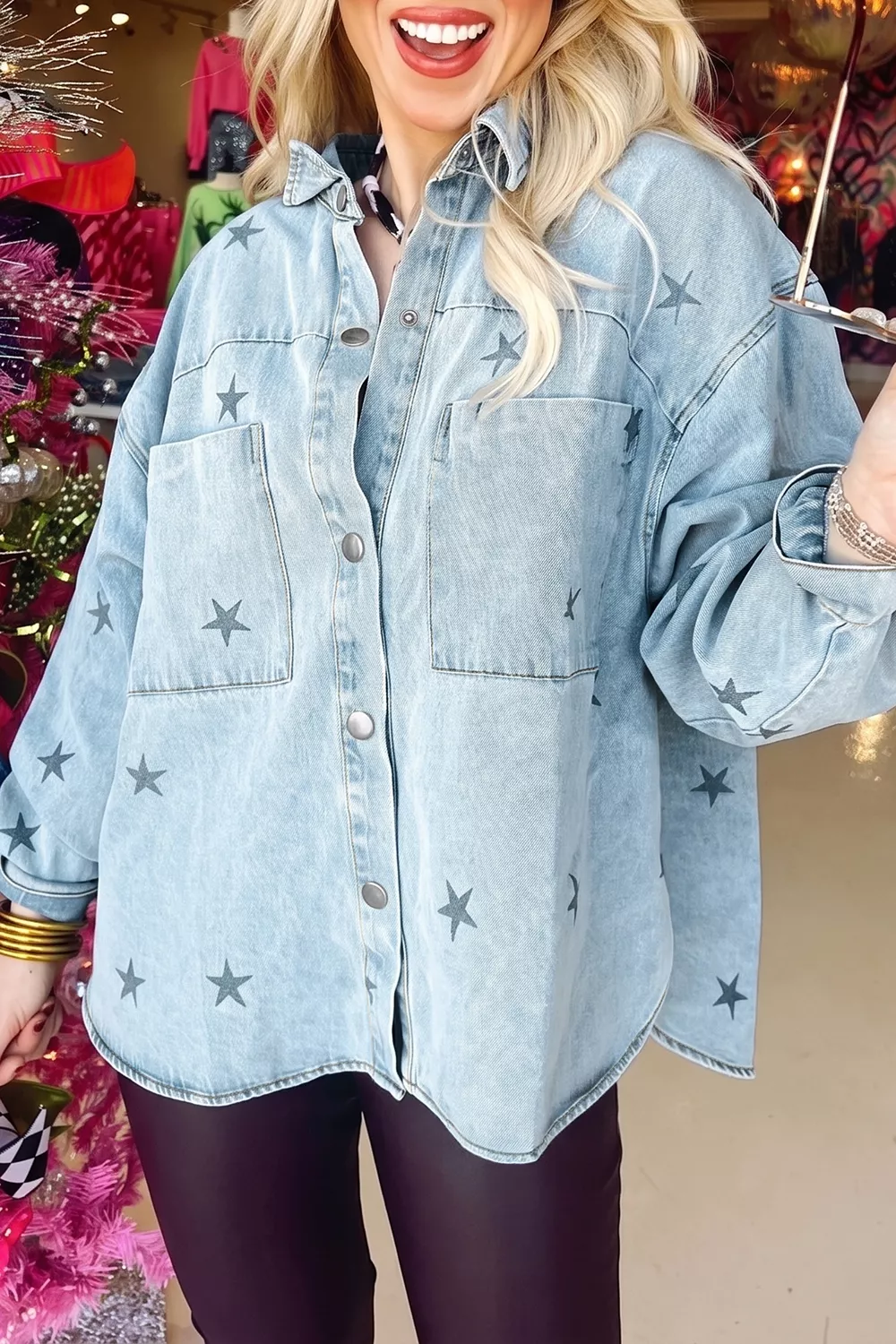 Light Wash Star Print Denim Jacket, image 3