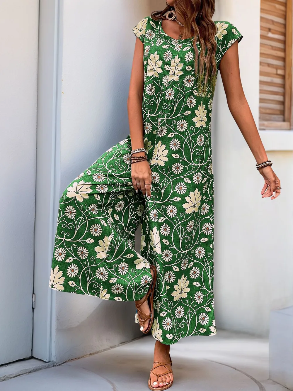 Printed Round Neck Cap Sleeve Wide Leg Jumpsuit