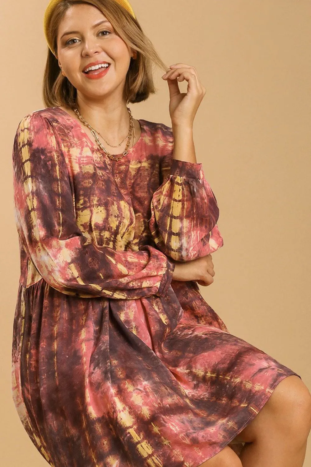 Full Size Tie Dye Long Sleeve Babydoll Dress with Keyhole Plus Size, image 3
