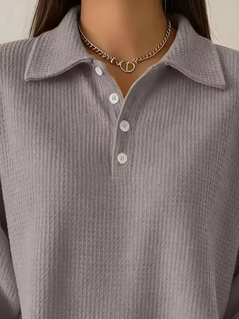 Full Size Waffle Knit Button Detail Sweatshirt Plus Size, image 3