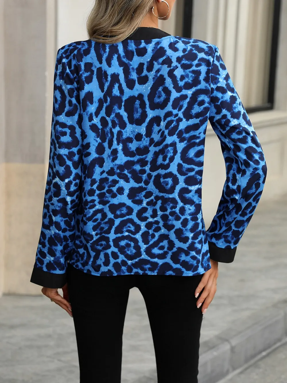 Leopard Notched Long Sleeve Blouse, image 2