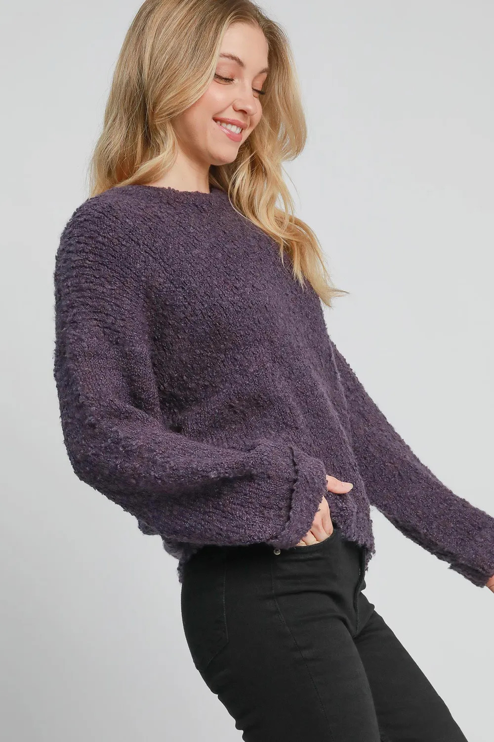Full Size Round Neck Long Sleeve Boucle Sweater Plus Size, image 2