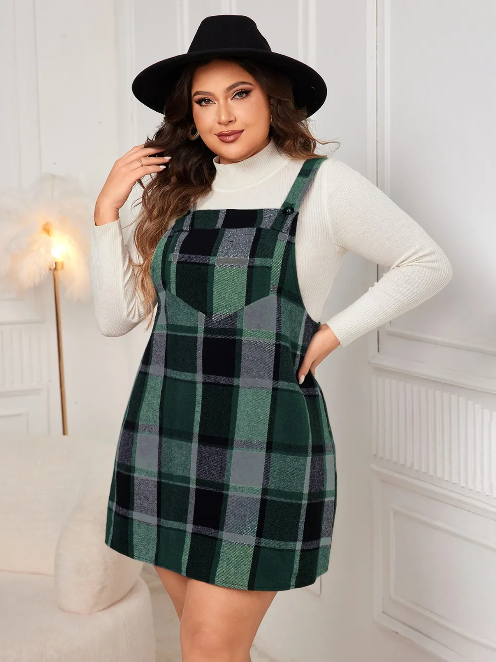 Plus Size Plaid Wide Strap Overall Dress, image 5