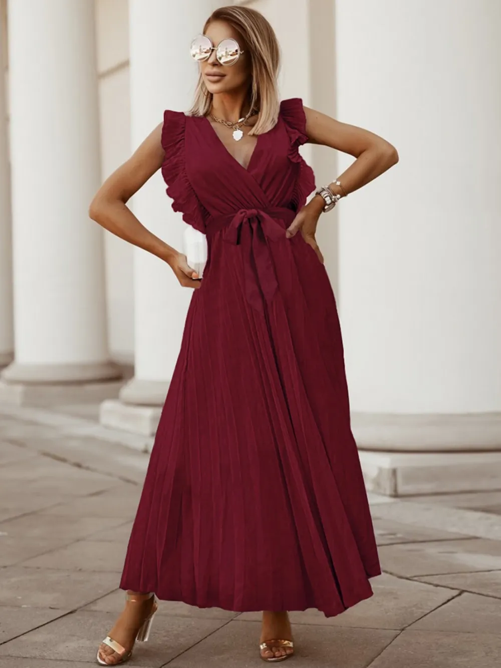 Tied Surplice Cap Sleeve Pleated Dress, image 17