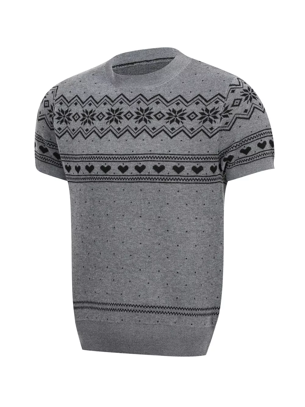 Men's Short-Sleeve Knit Top with Fair Isle and Heart Pattern, image 2