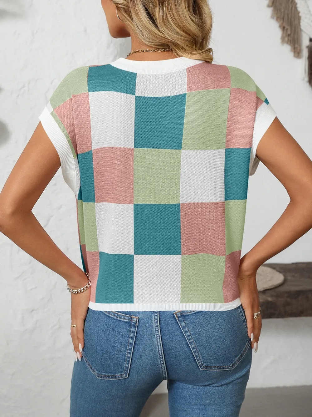 Checkered Round Neck Cap Sleeve Knit Top, image 6