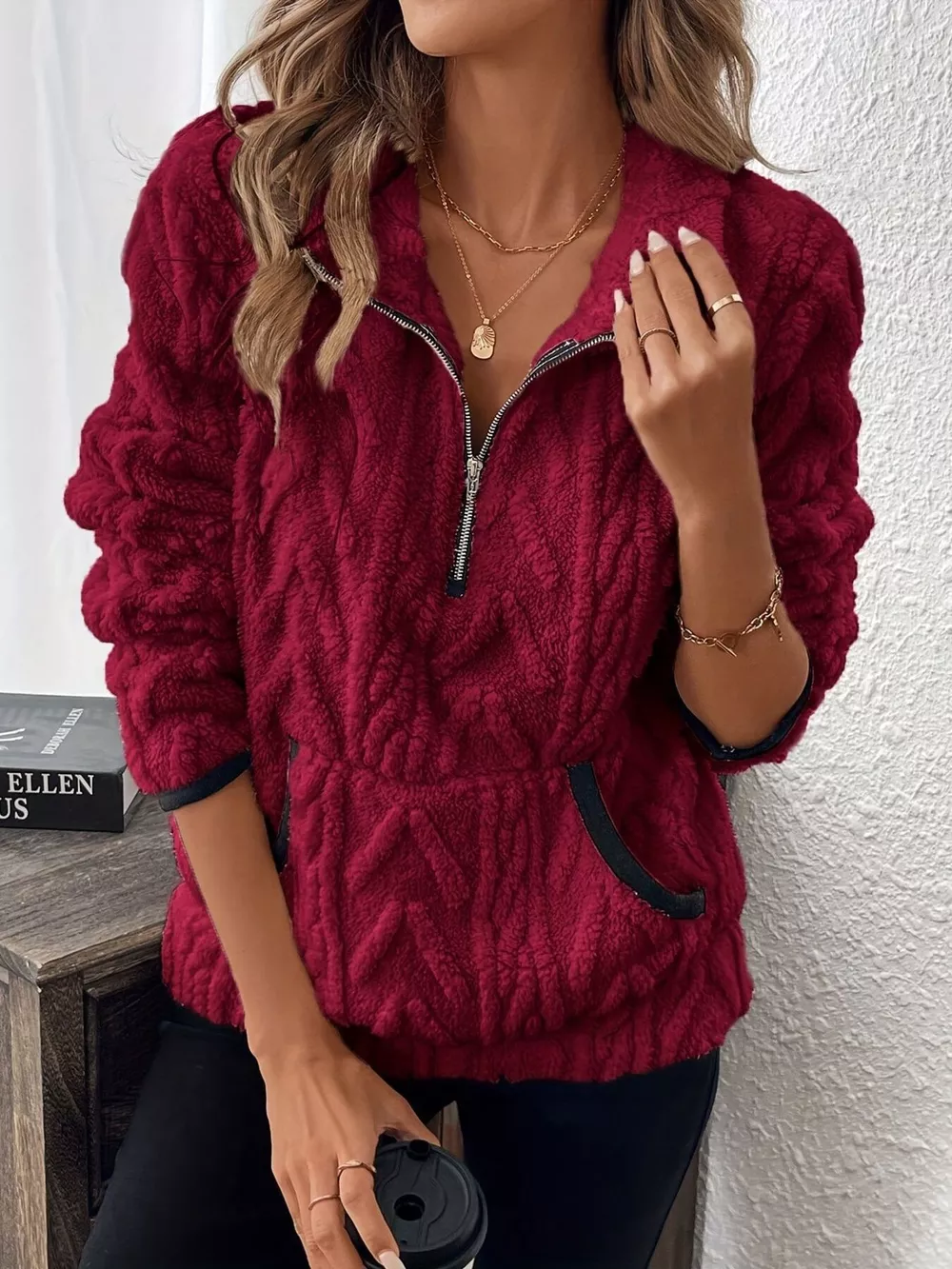 Full Size Half Zip Kangaroo Pocket Sweatshirt Plus Size, image 11