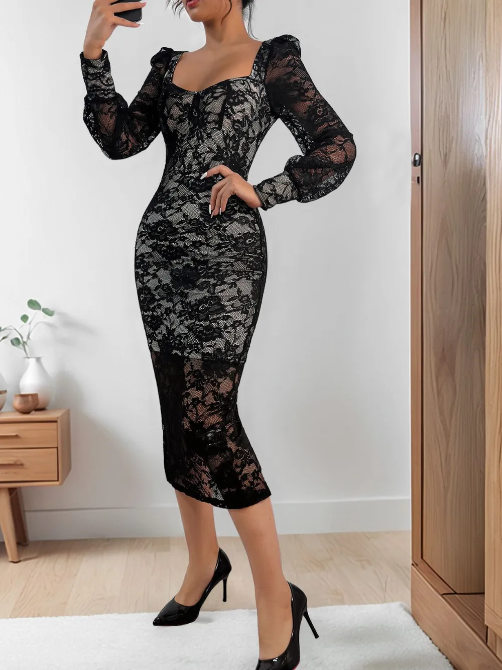 Lace Sweetheart Neck Long Sleeve Midi Dress, image 4