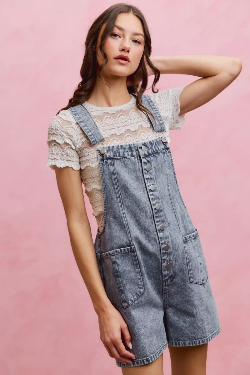 Denim Washed On Front With Adjustable Strap Romper, image 8