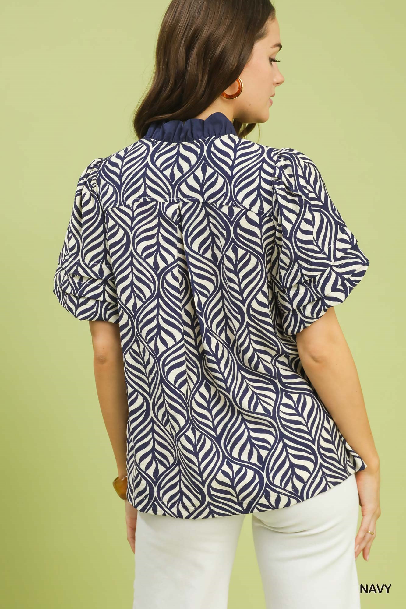 Printed Puff Sleeve Ruffle Neck Top, image 3