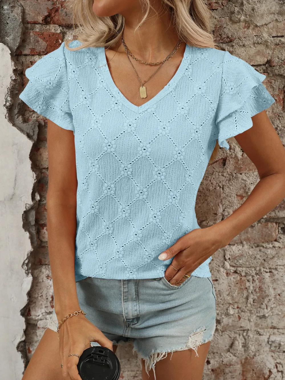Eyelet V-Neck Ruffled Cap Sleeve Top, image 4