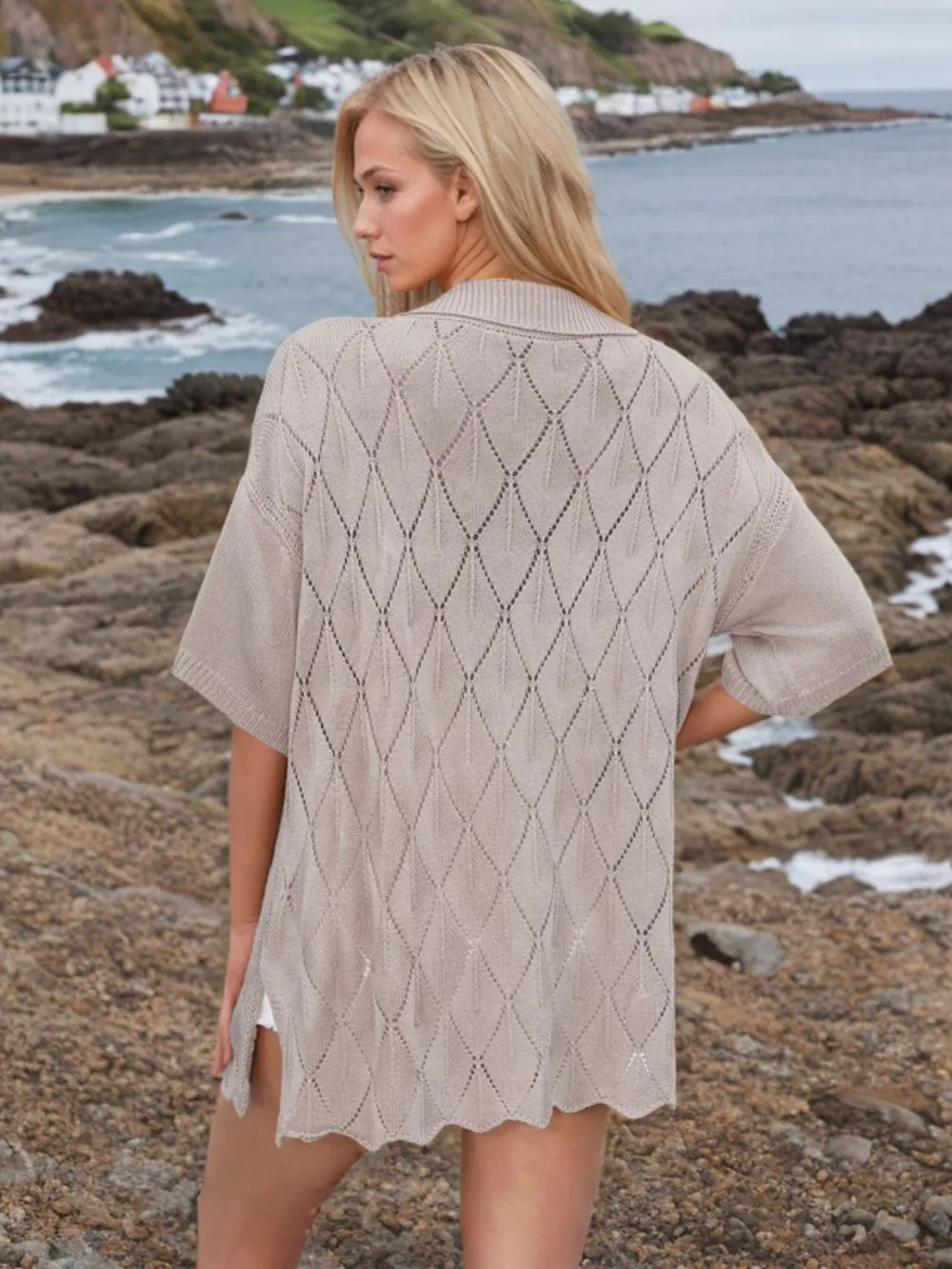 Button Down Eyelet Collared Neck Knit Shirt, image 5