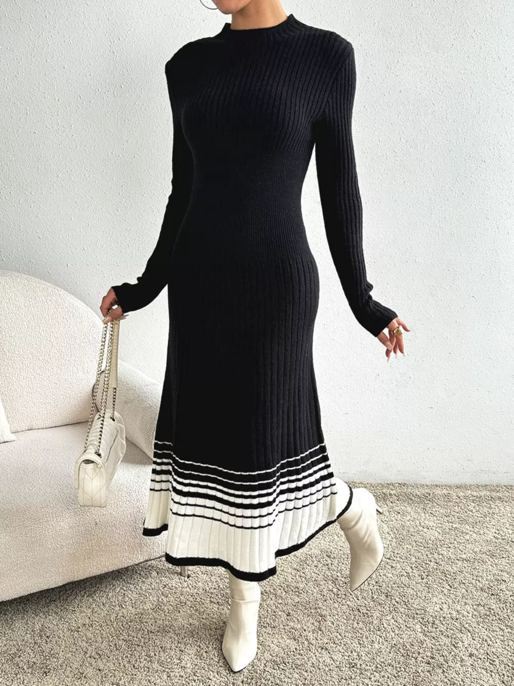Ribbed Knit Sweater Dress with Striped Hem, image 5