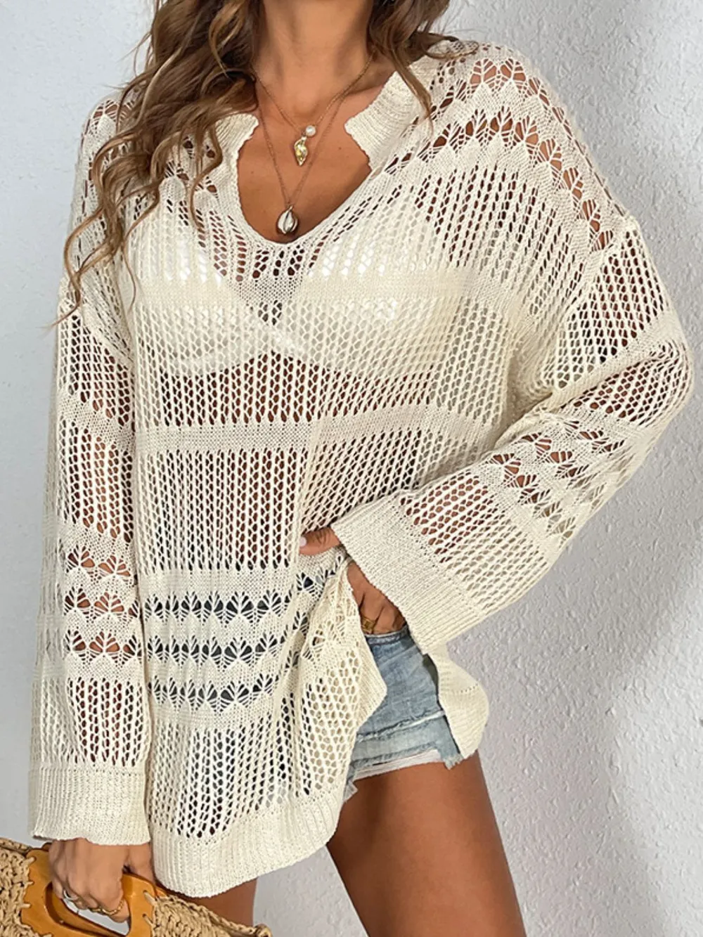 Openwork Notched Long Sleeve Knit Cover Up, image 2