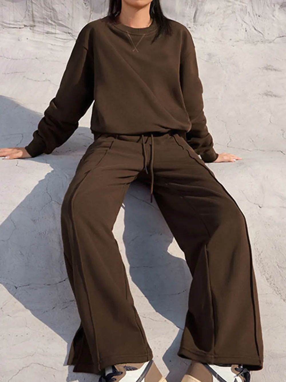 Round Neck Long Sleeve Top and Elastic Waist Pants Set, image 3