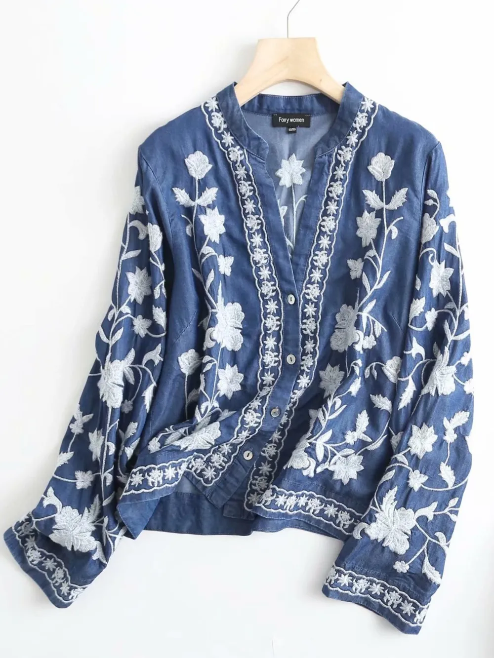 Floral Embroidered Button Up Denim Shirt, image 3