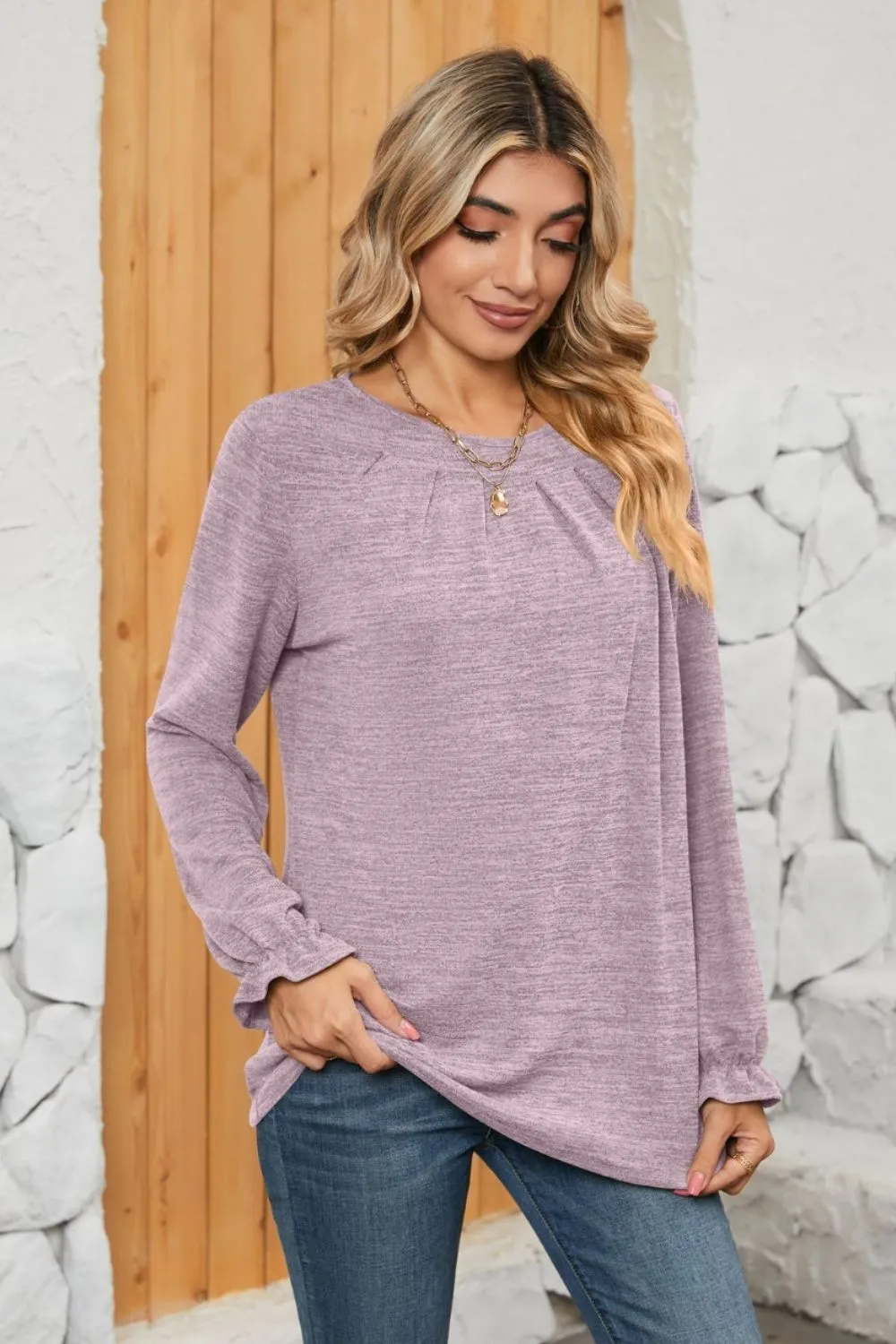 Ruched Round Neck Flounce Sleeve T-Shirt, image 22