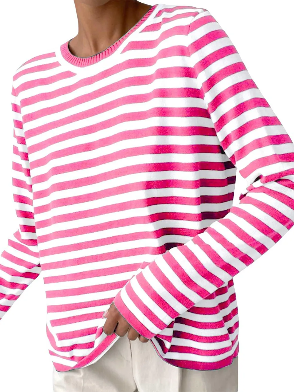 Striped Round Neck Long Sleeve Sweater, image 7