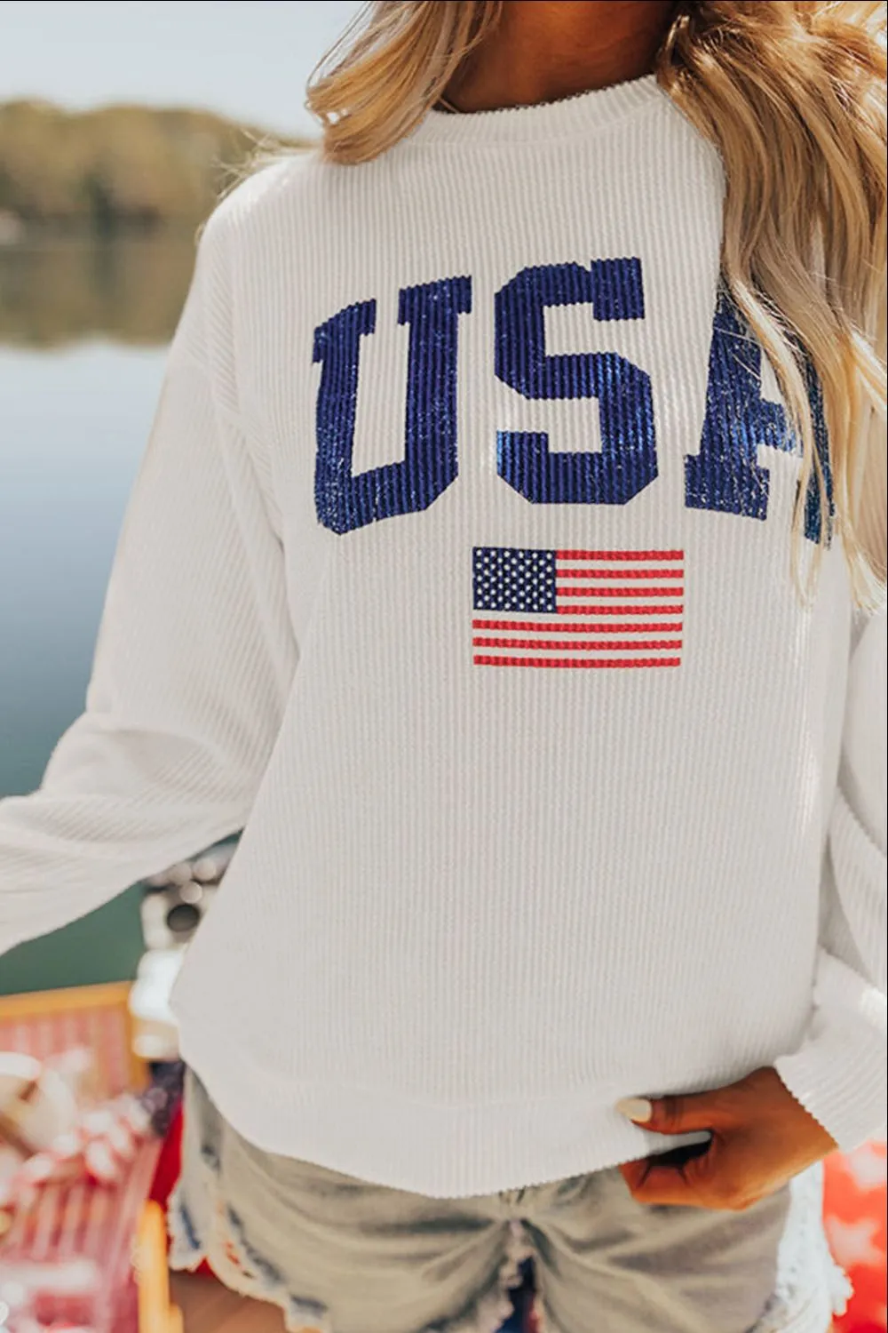 US Flag Corded Long Sleeve Sweatshirt, image 2