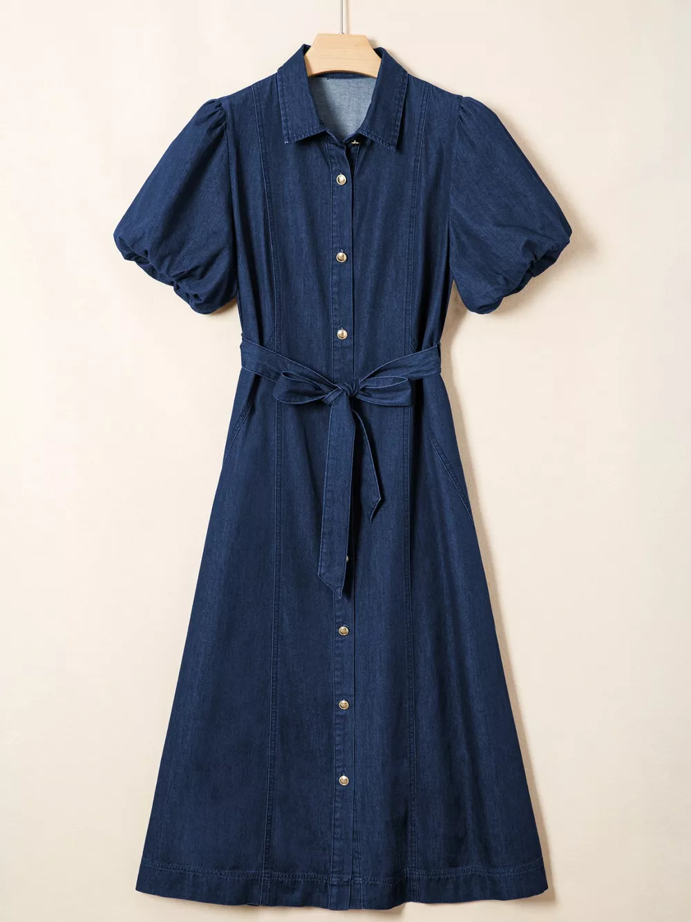 Belted Button-Down Midi Denim Dress, image 4