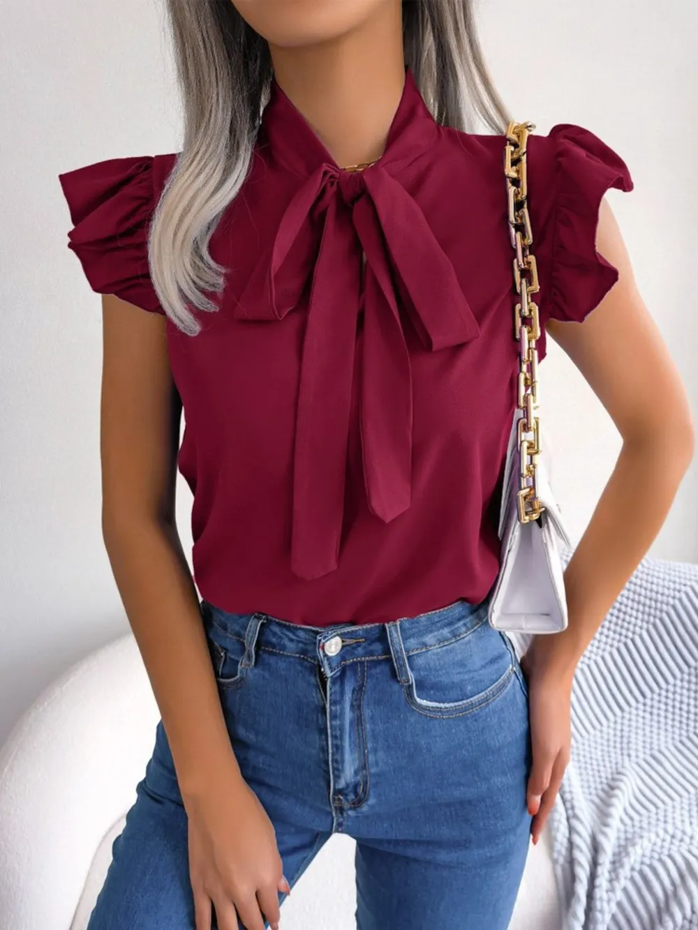 Ruffle Cap Sleeve Bow Tie Blouse, image 17