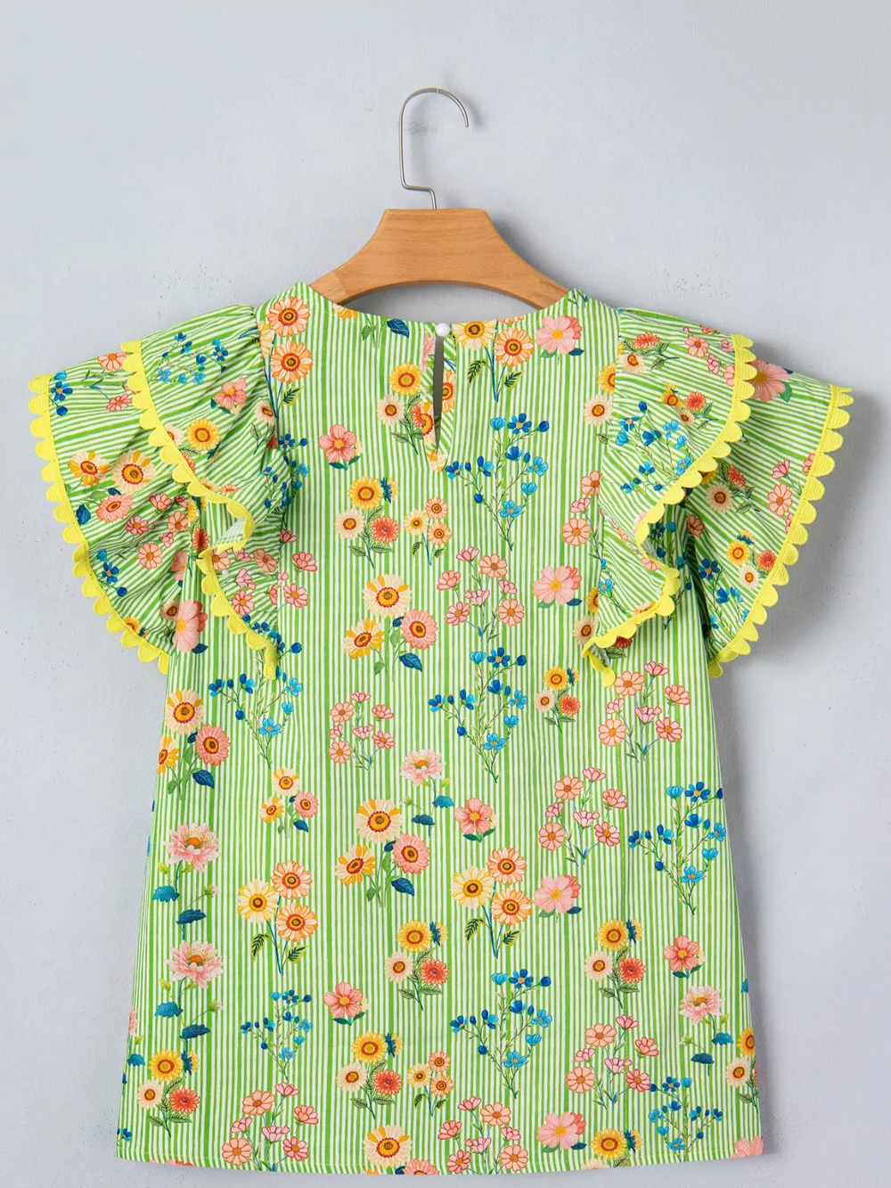 Stripe Floral Printed Scalloped Detail Ruffle Short Sleeve Blouse, image 4