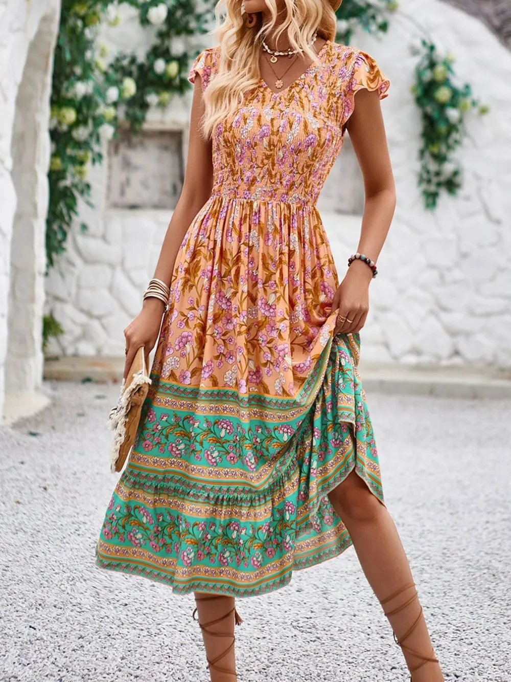 Printed Round Neck Cap Sleeve Dress, image 10