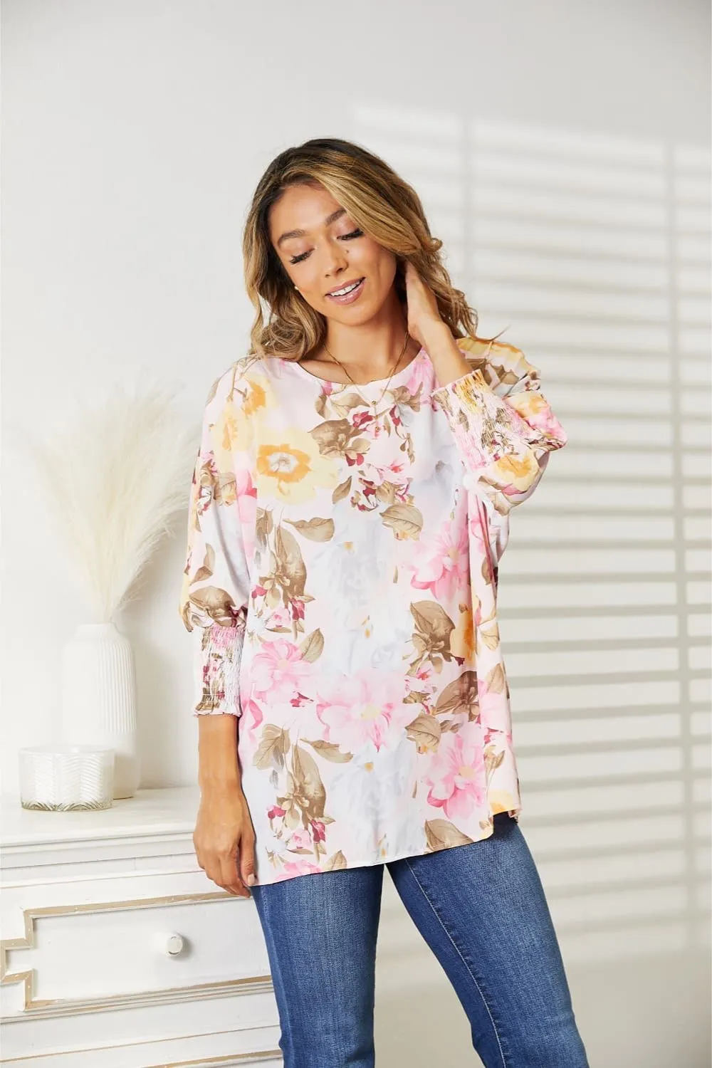 Floral Round Neck Three-Quarter Sleeve Top, image 3