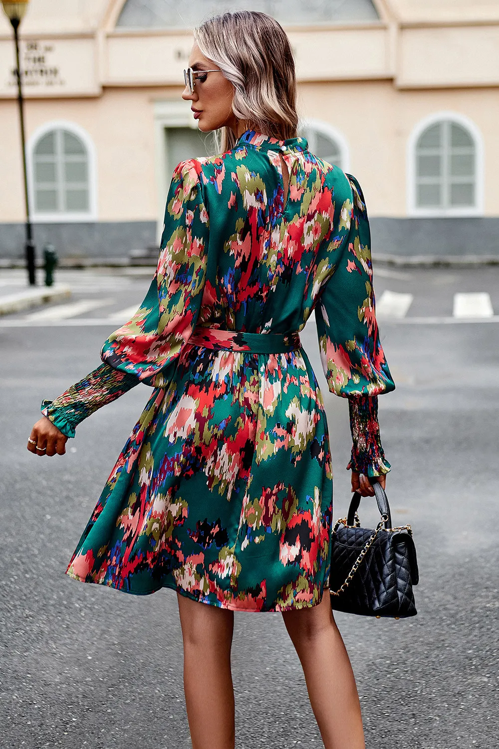 Printed Tie Waist Mock Neck Lantern Sleeve Dress, image 4