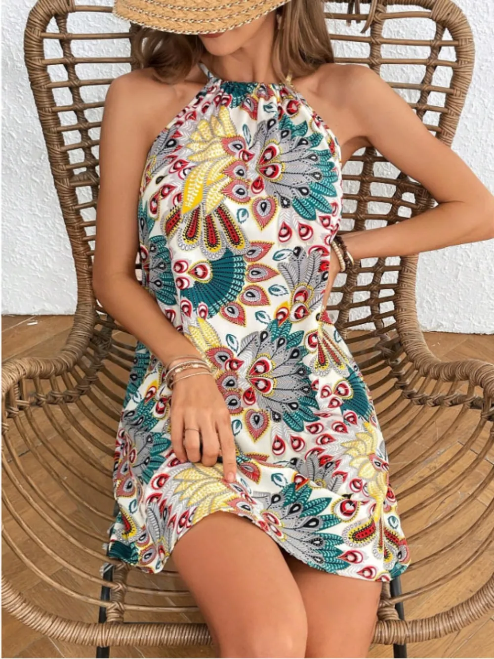 Printed Grecian Neck Mini Dress, image 2