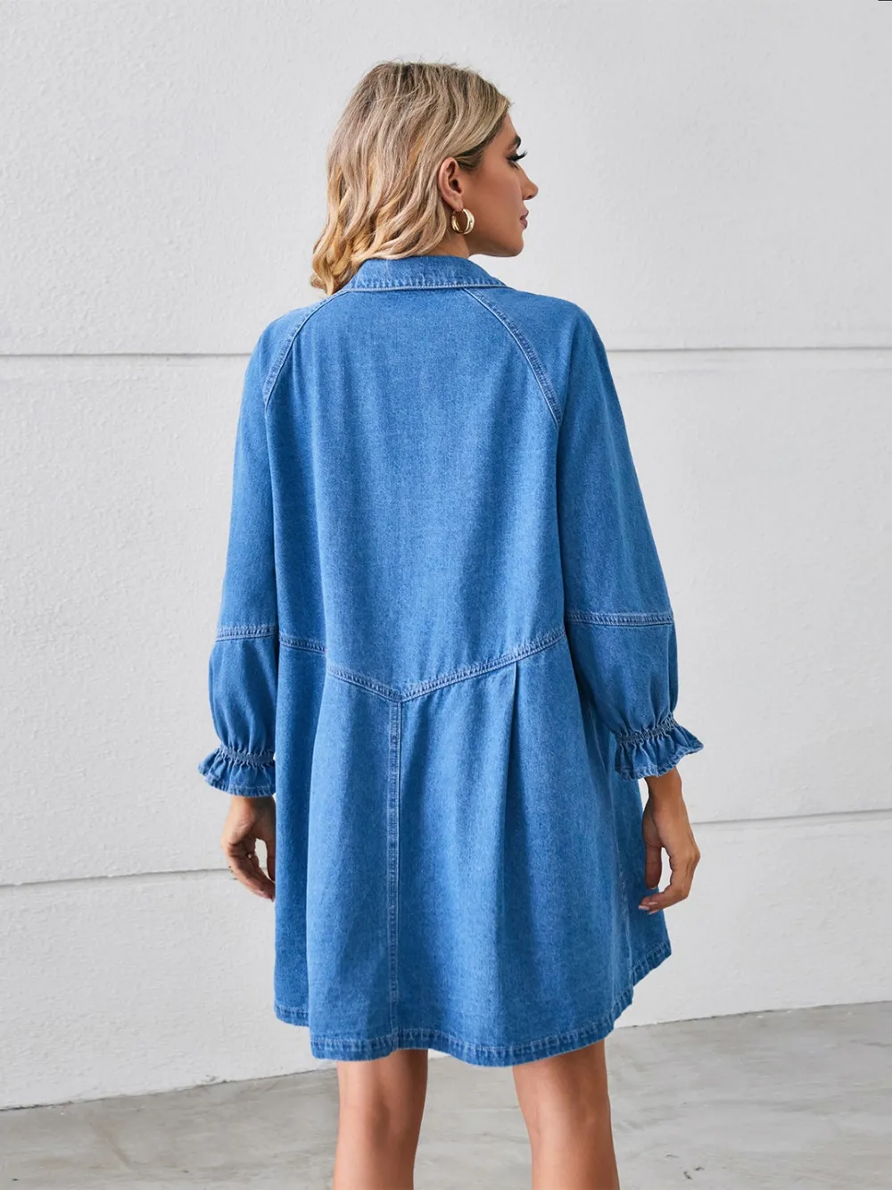 Button Up Flounce Sleeve Mini Denim Dress, image 5