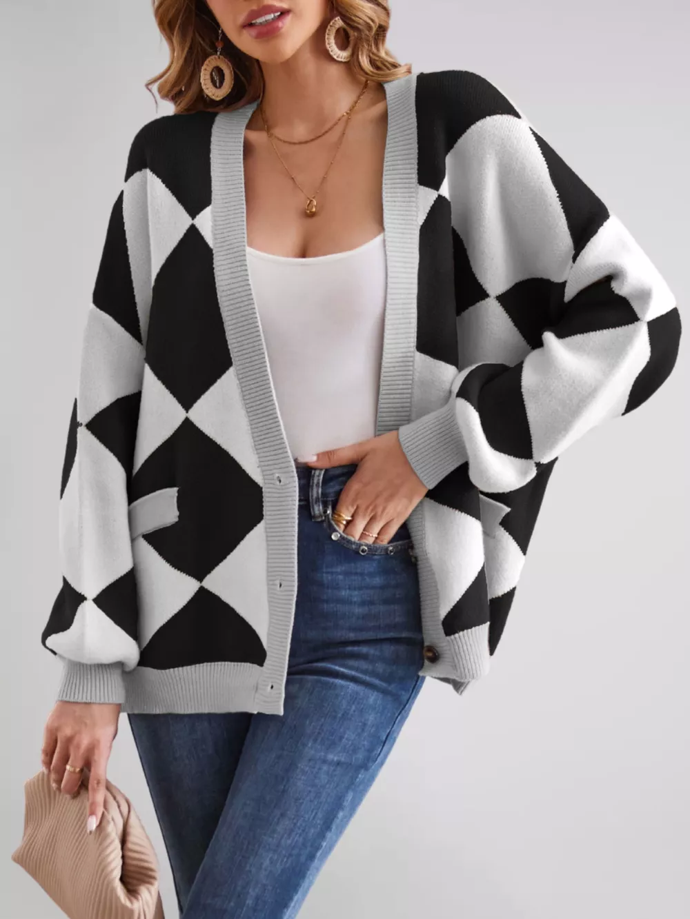 Diamond Pattern Button-Up Knit Cardigan, image 18