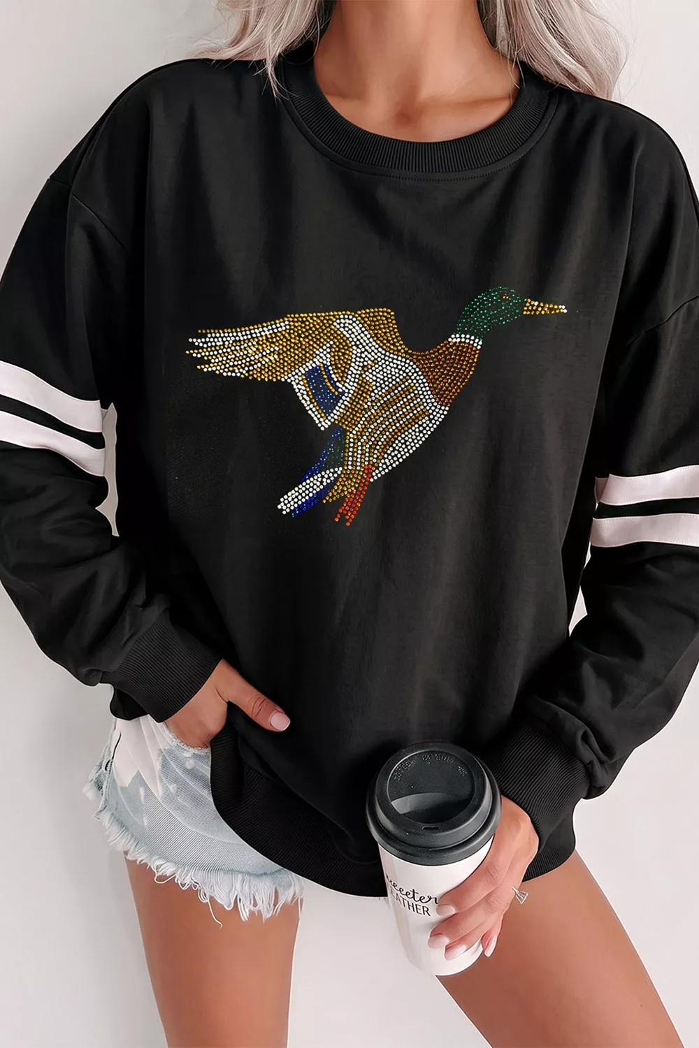 Rhinestone Mallard Contrast Striped Sleeve Casual Sweatshirt, image 2