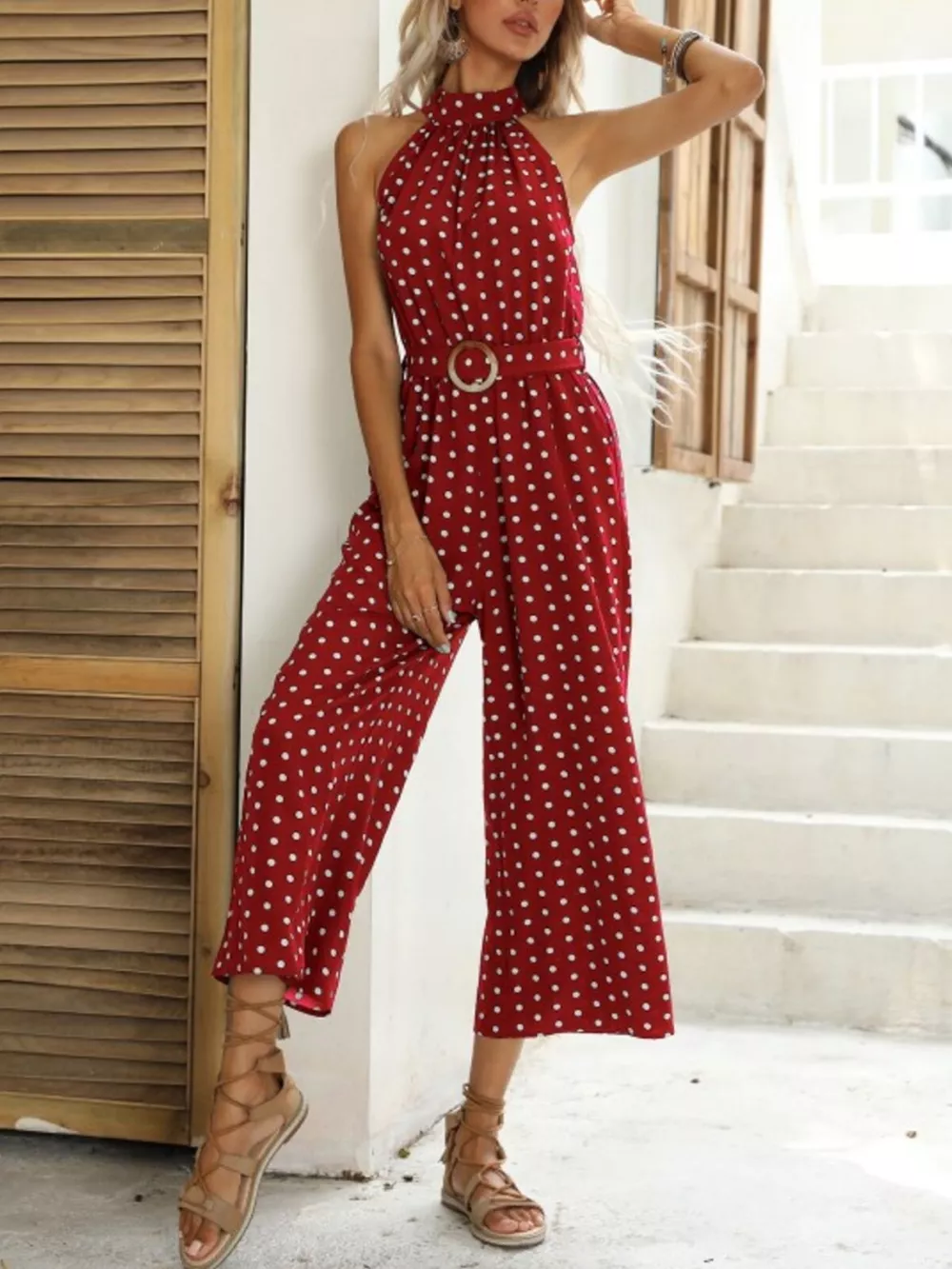Polka Dot Halter Neck Wide Leg Jumpsuit, image 3