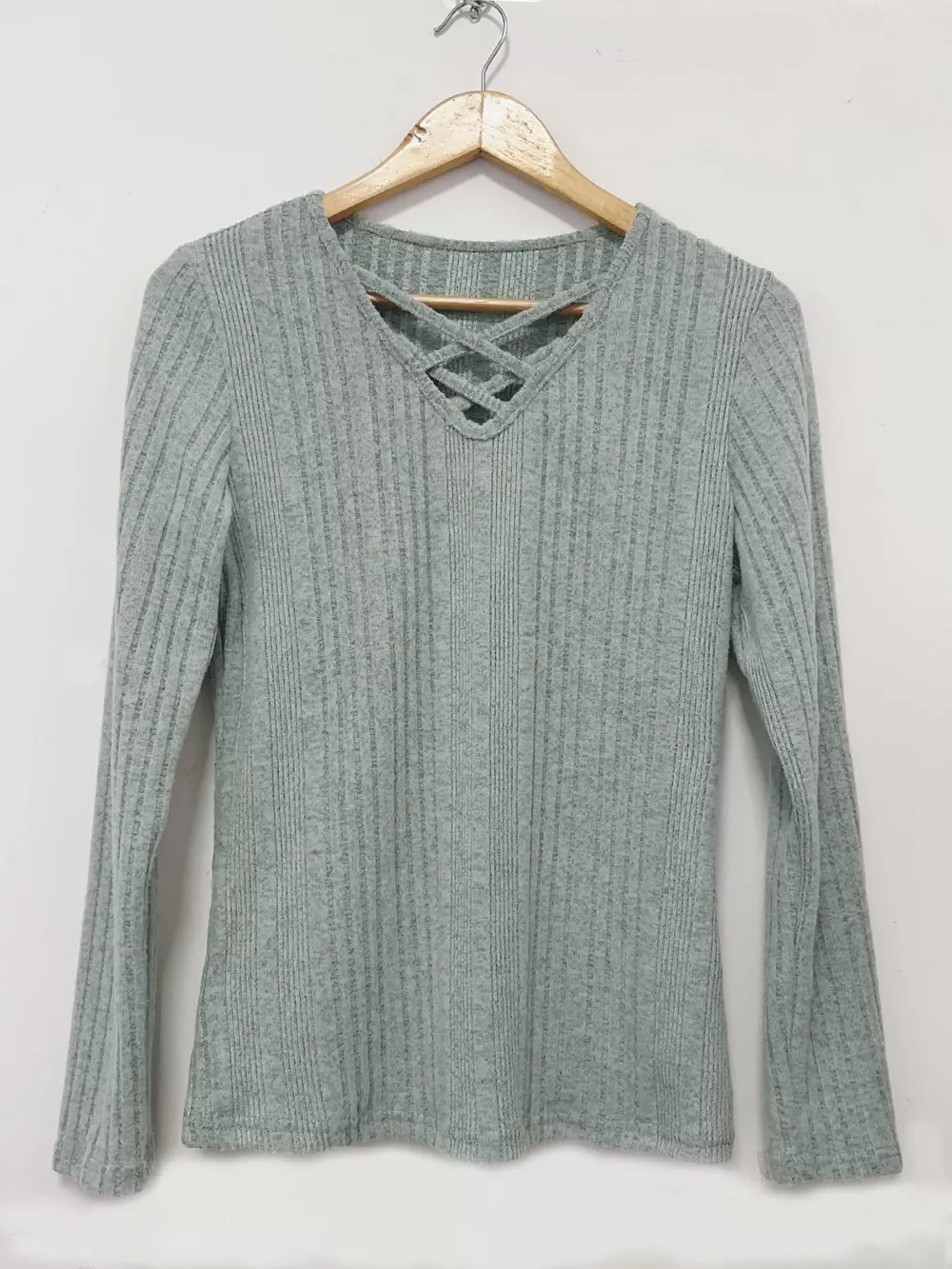 Crisscross V-Neck Ribbed Knit Long Sleeve T-Shirt, image 2
