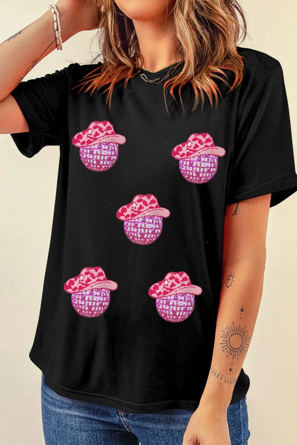 Cowboy Hat Disco Ball Patched Round Neck T-Shirt, image 3