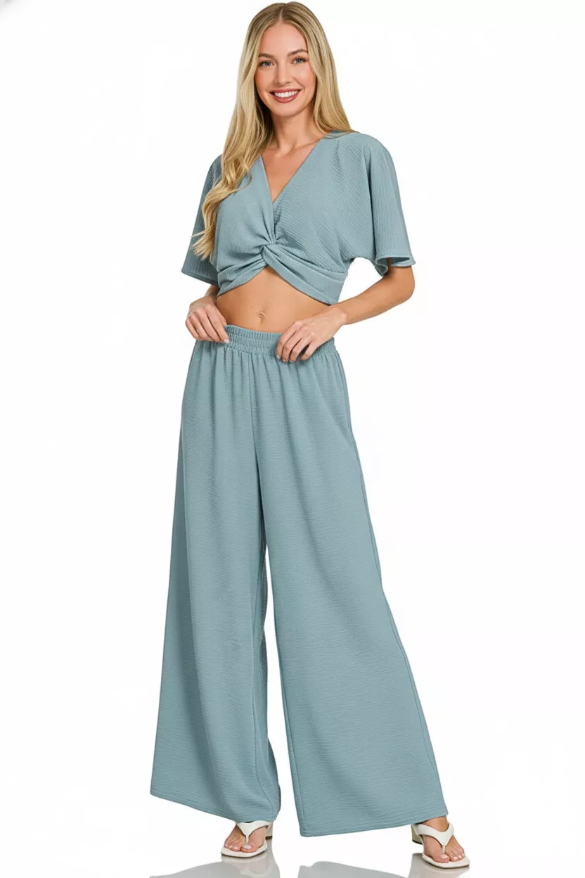 Woven Airflow Twisted Top & Wide Leg Pants Set, image 3