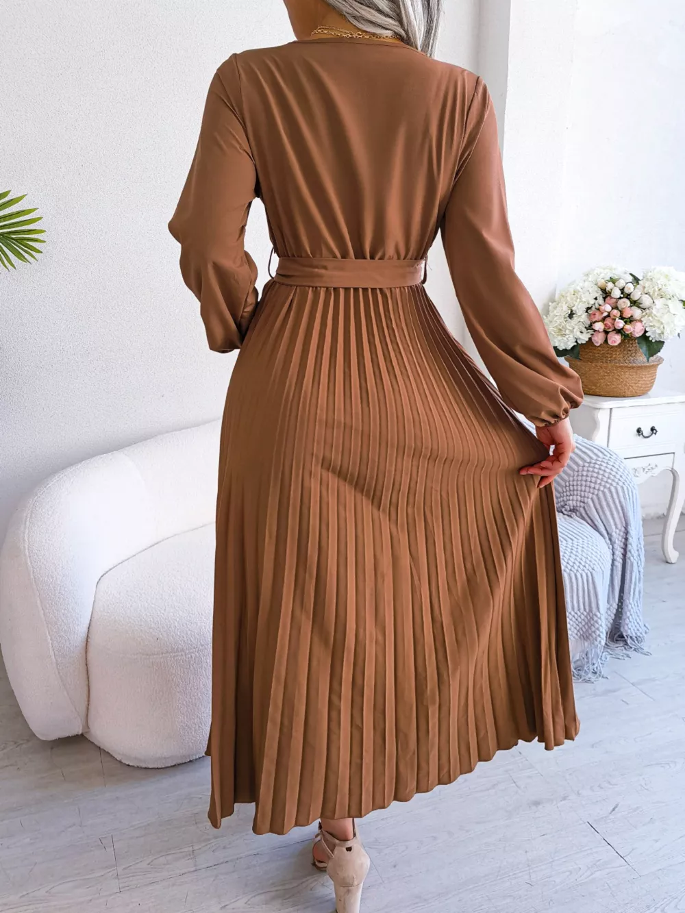 Elegant Pleated Front Tie Long Sleeve Dress, image 2