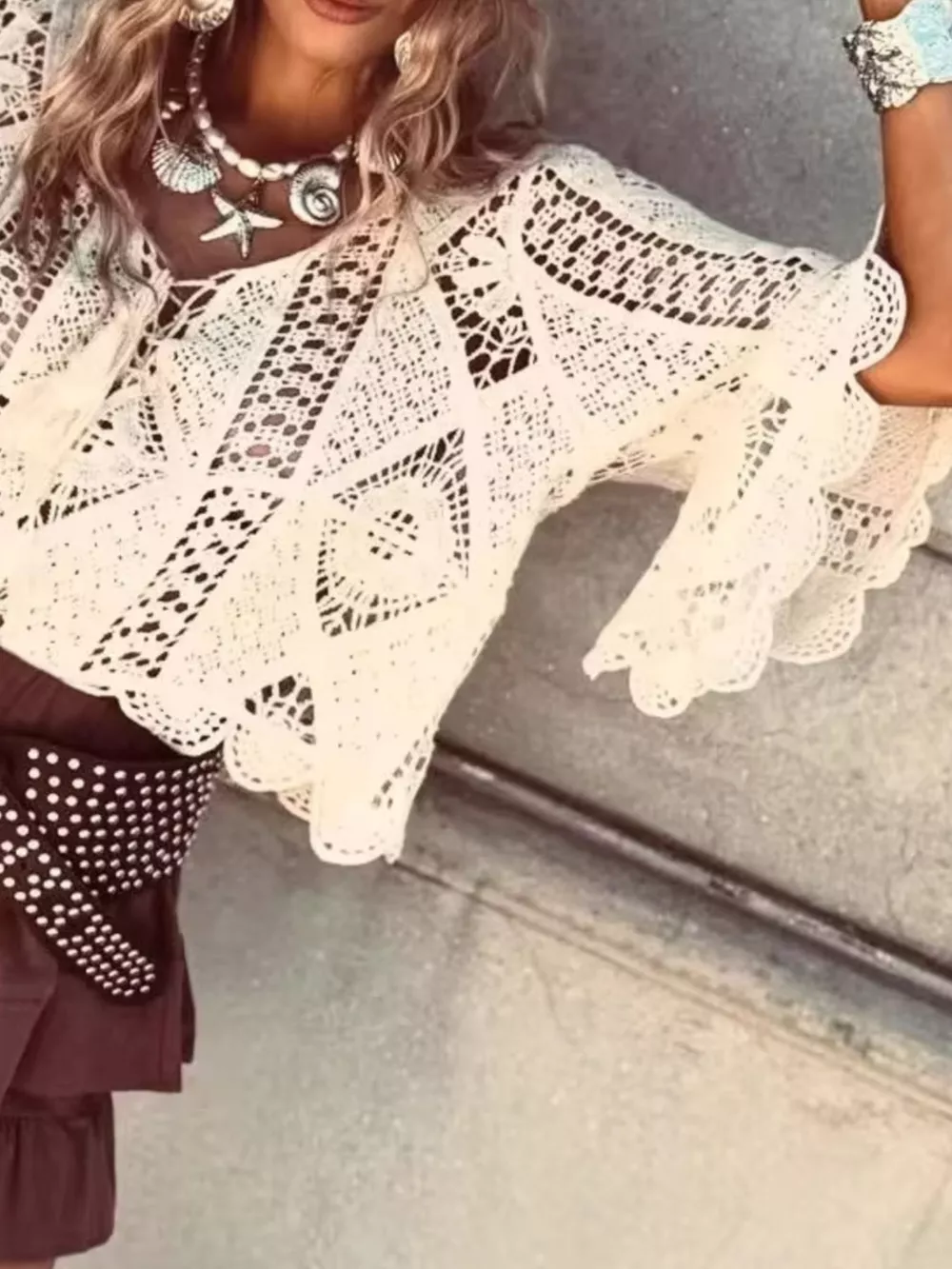 Tassel V-Neck Crochet Knit Top, image 4