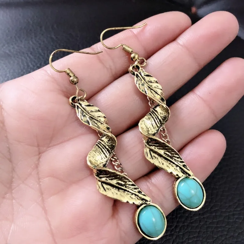 Alloy Leaf Artificial Turquoise Earrings, image 3