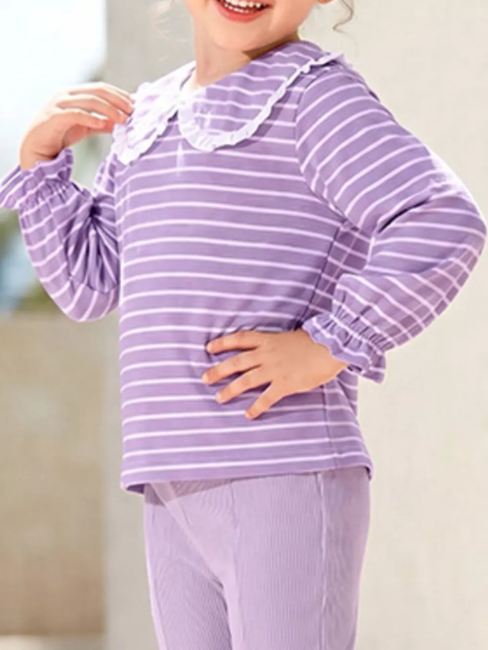 Children's Striped Ruffle Collar Top and Bow Flare Pants Set, image 3